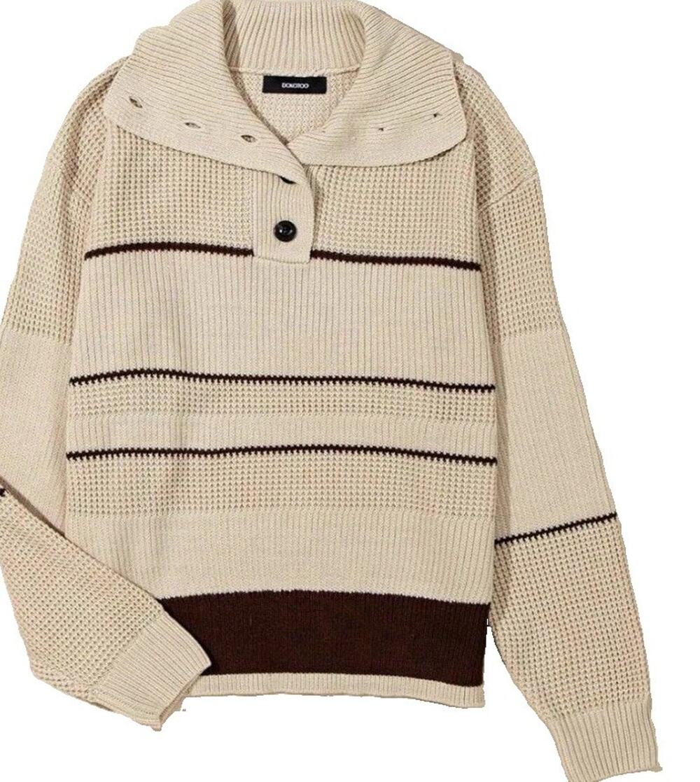 Dokotoo NWT Beige/Brown Striped Collared Button Neck Knit Pullover Sweater L